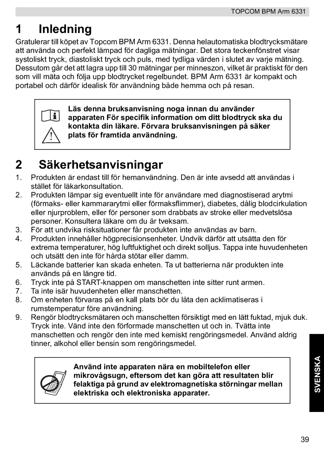 Topcom 6331 manual Inledning, Säkerhetsanvisningar 