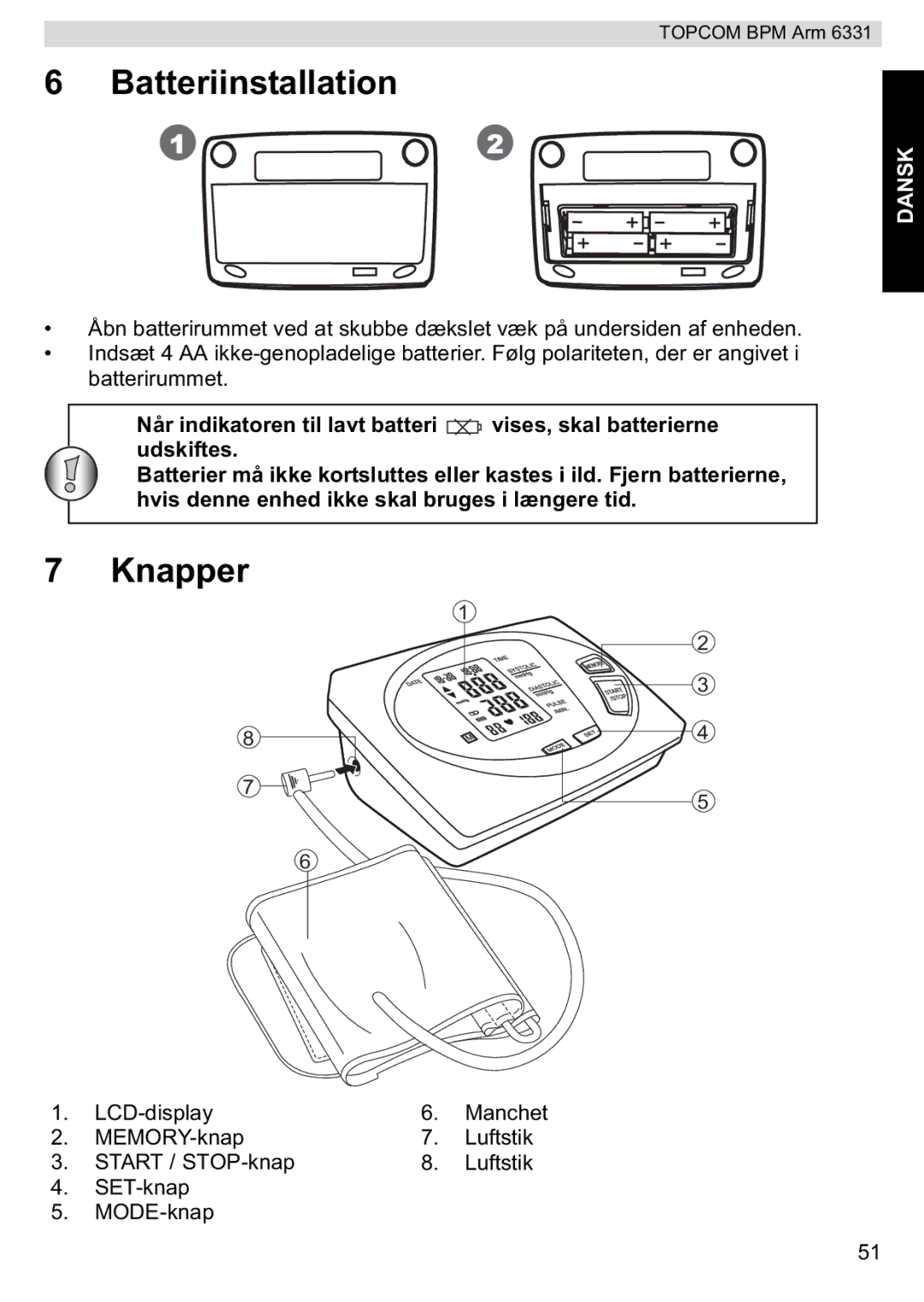 Topcom 6331 manual Batteriinstallation, Knapper 