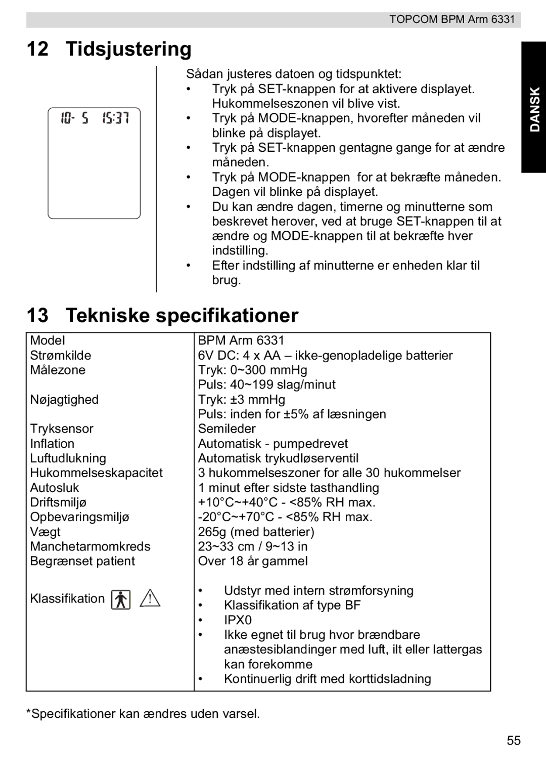 Topcom 6331 manual Tidsjustering, Tekniske specifikationer 