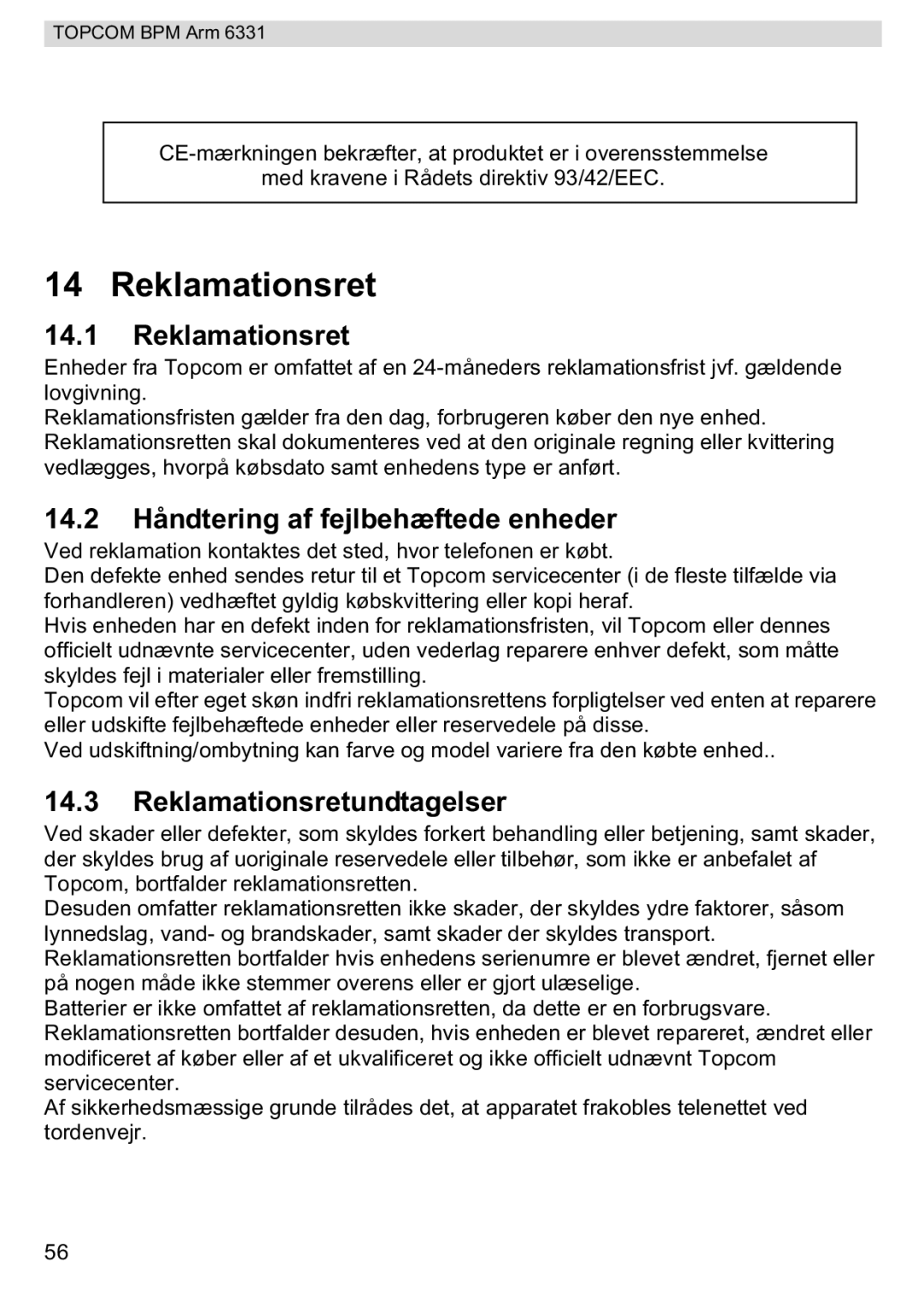 Topcom 6331 manual 14.2 Håndtering af fejlbehæftede enheder, Reklamationsretundtagelser 