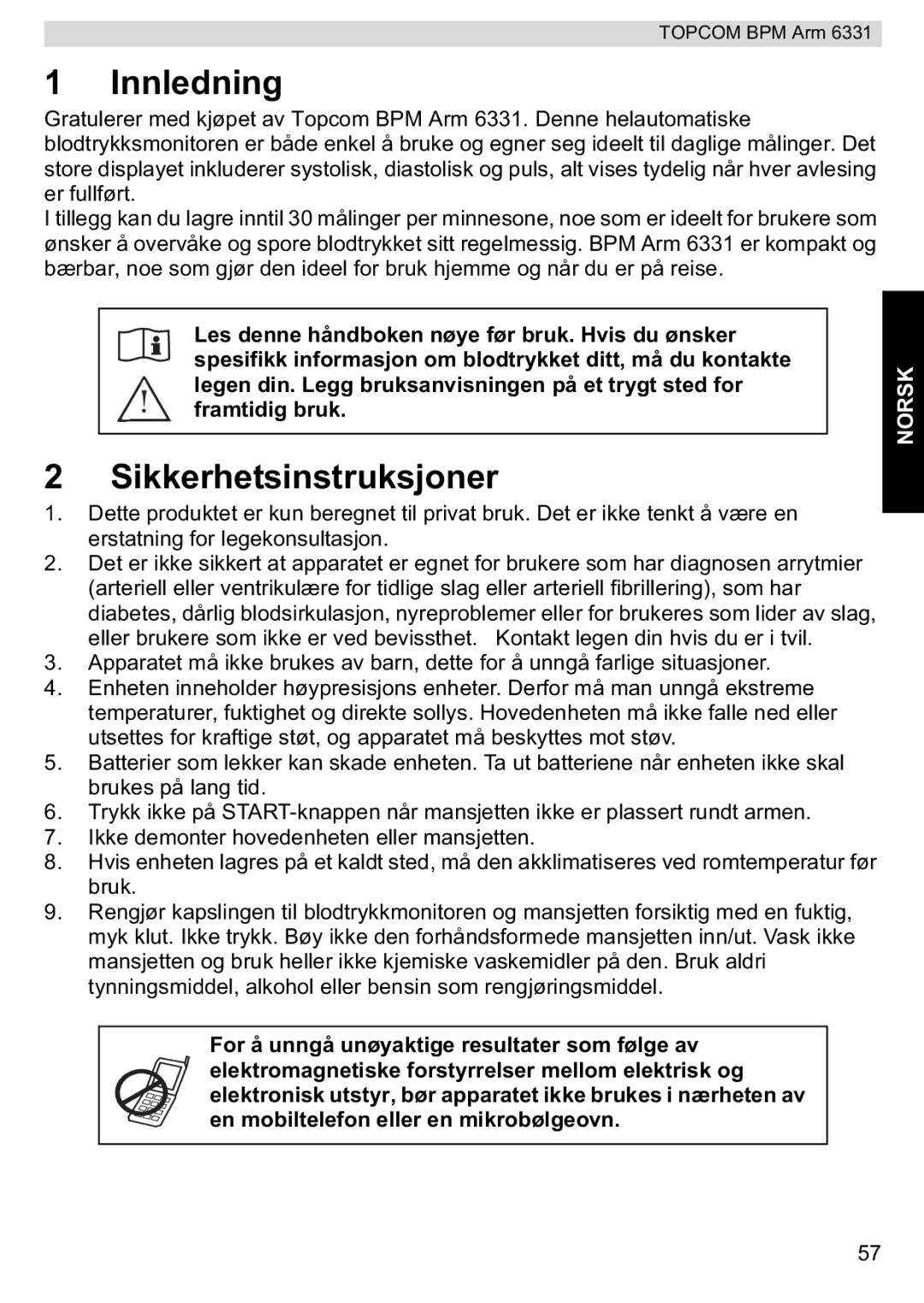 Topcom 6331 manual Innledning, Sikkerhetsinstruksjoner 