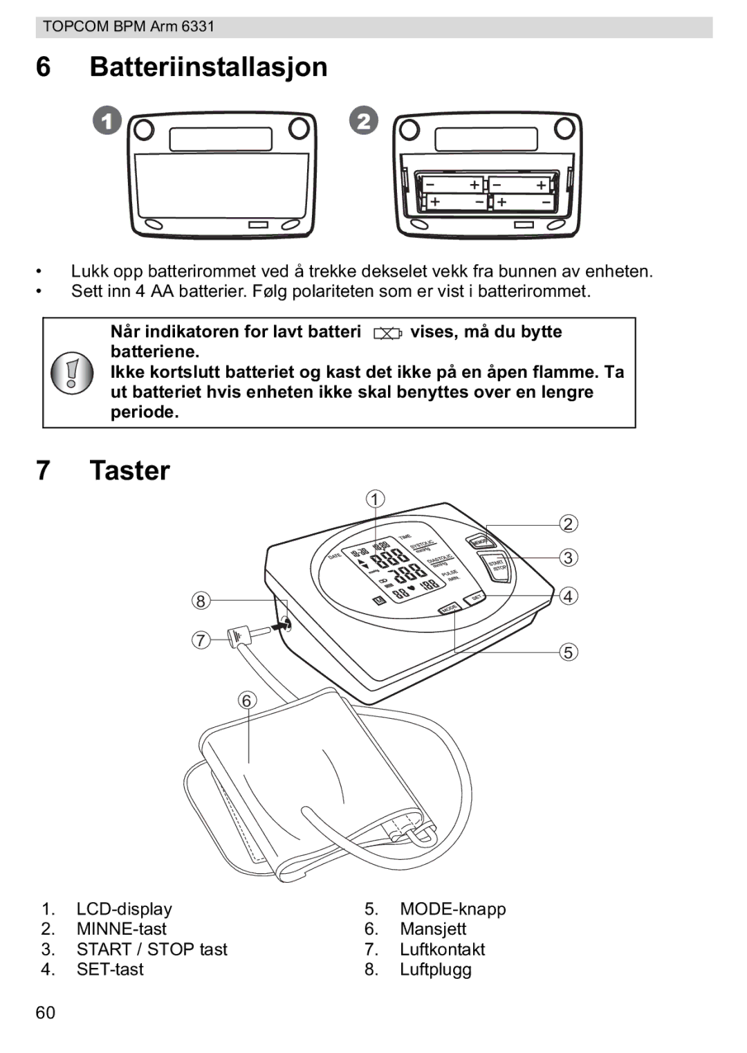 Topcom 6331 manual Batteriinstallasjon, Taster 