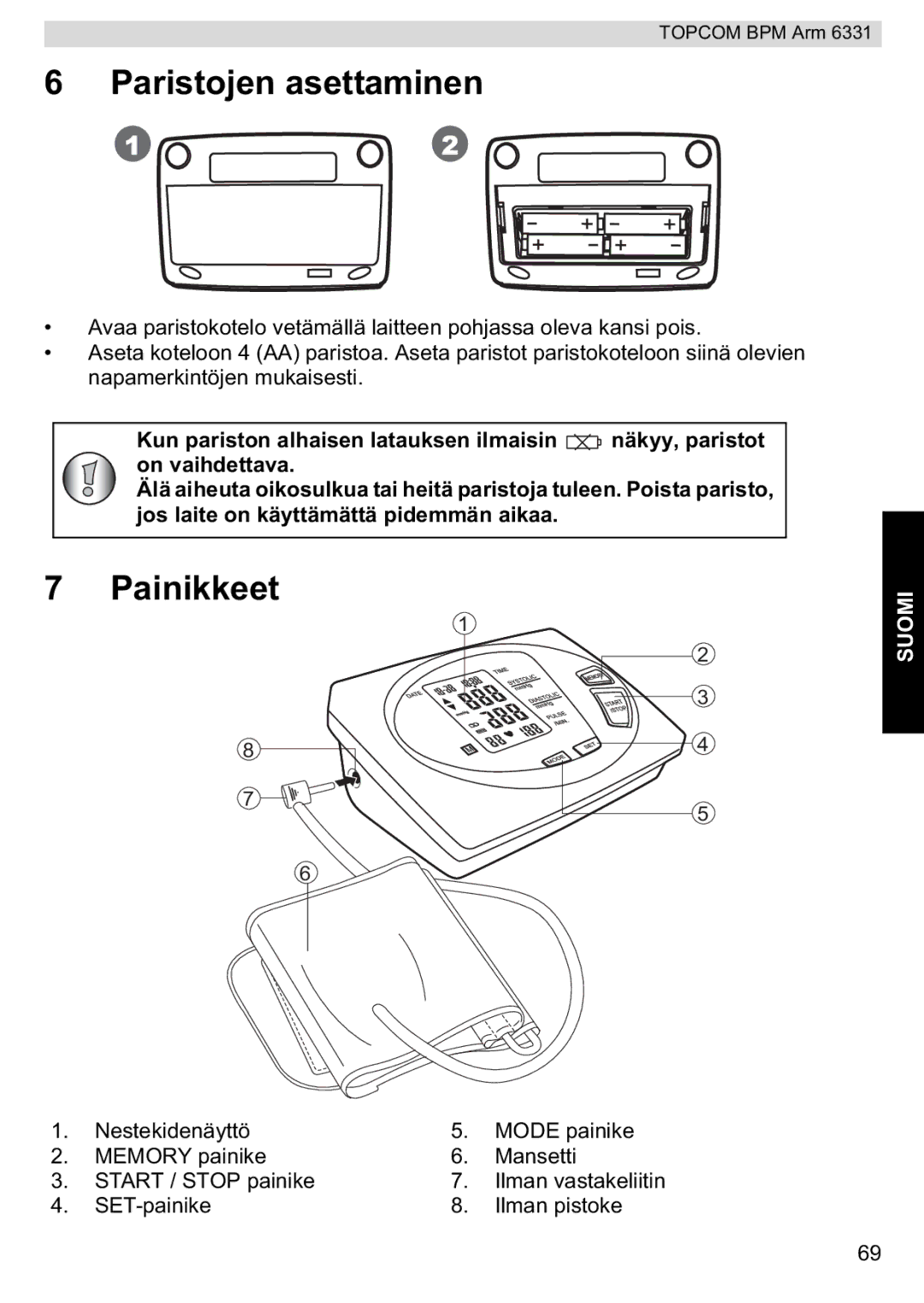 Topcom 6331 manual Paristojen asettaminen, Painikkeet 