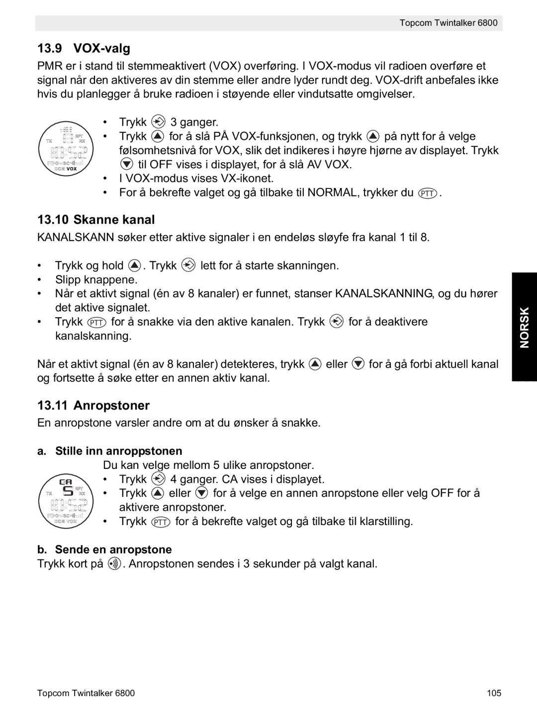 Topcom 6800 manual do utilizador Skanne kanal, Anropstoner, Stille inn anroppstonen, Sende en anropstone 