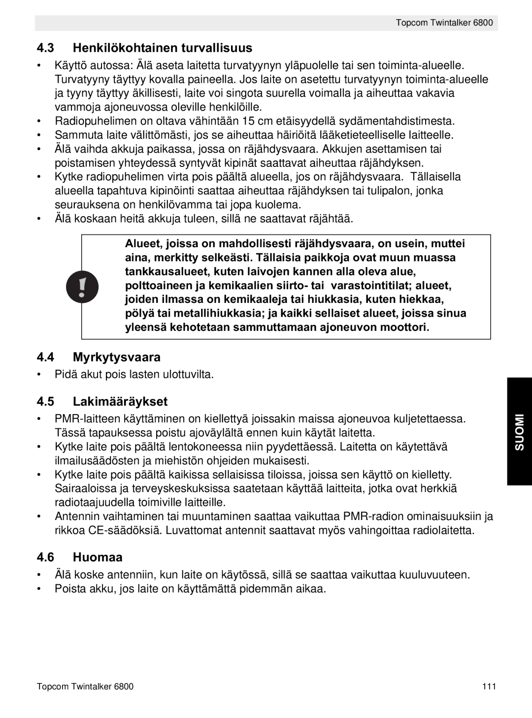 Topcom 6800 manual do utilizador Henkilökohtainen turvallisuus, Myrkytysvaara, Lakimääräykset, Huomaa 