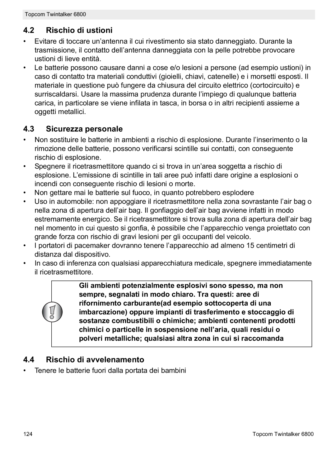 Topcom 6800 manual do utilizador Rischio di ustioni, Sicurezza personale, Rischio di avvelenamento 