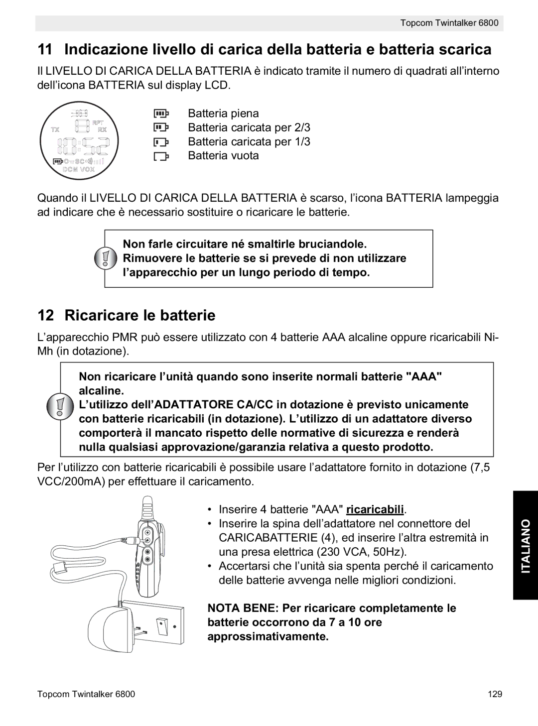 Topcom 6800 manual do utilizador Ricaricare le batterie 