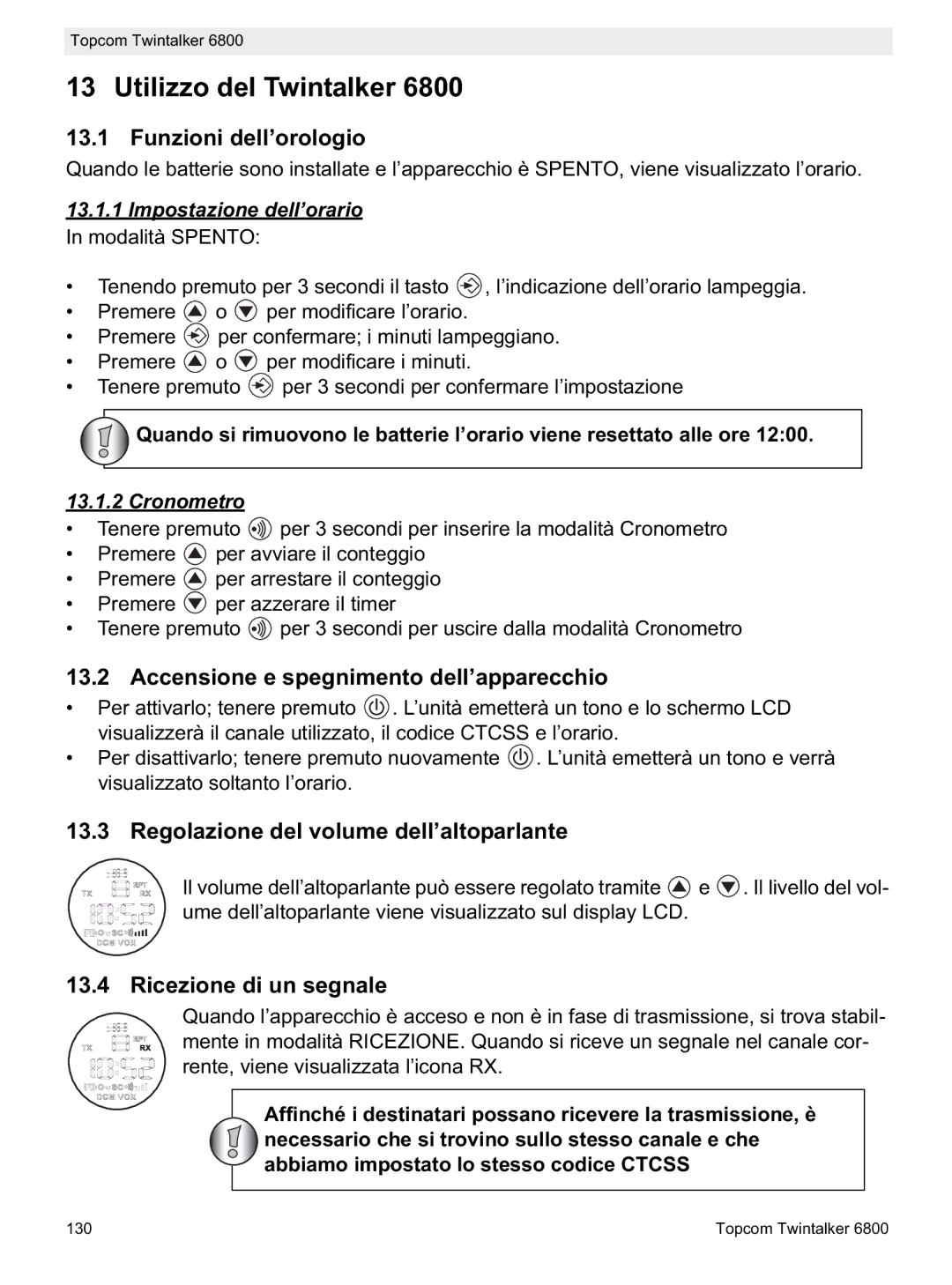 Topcom 6800 manual do utilizador Utilizzo del Twintalker, Funzioni dell’orologio, Accensione e spegnimento dell’apparecchio 