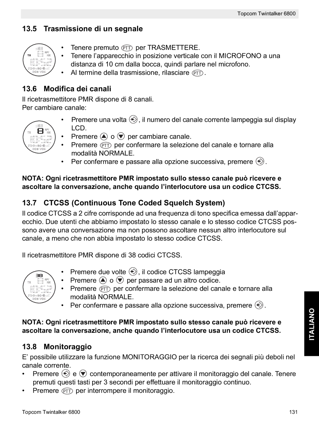 Topcom 6800 manual do utilizador Trasmissione di un segnale, Modifica dei canali, Monitoraggio 