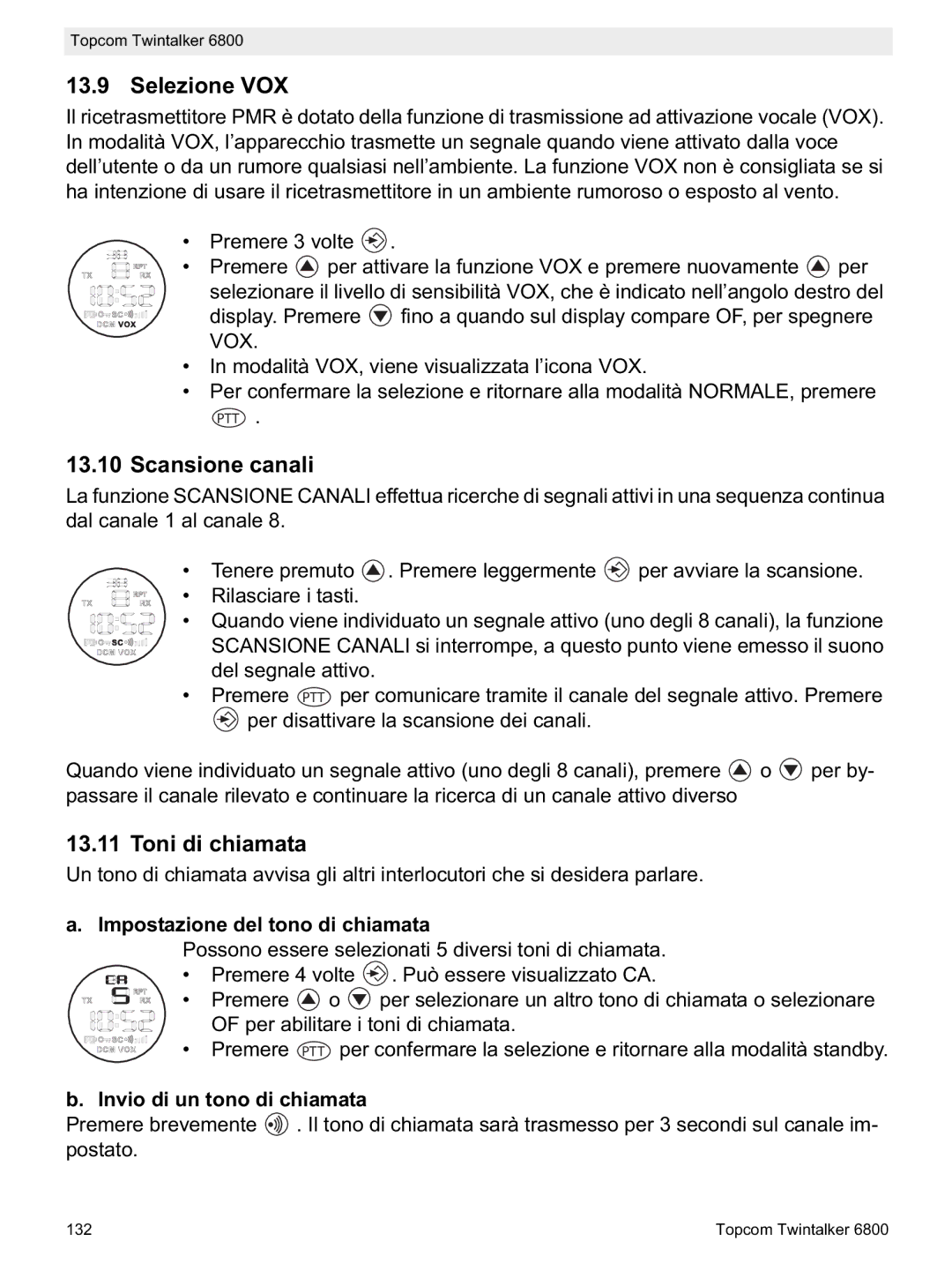 Topcom 6800 manual do utilizador Selezione VOX, Scansione canali, Toni di chiamata, Impostazione del tono di chiamata 