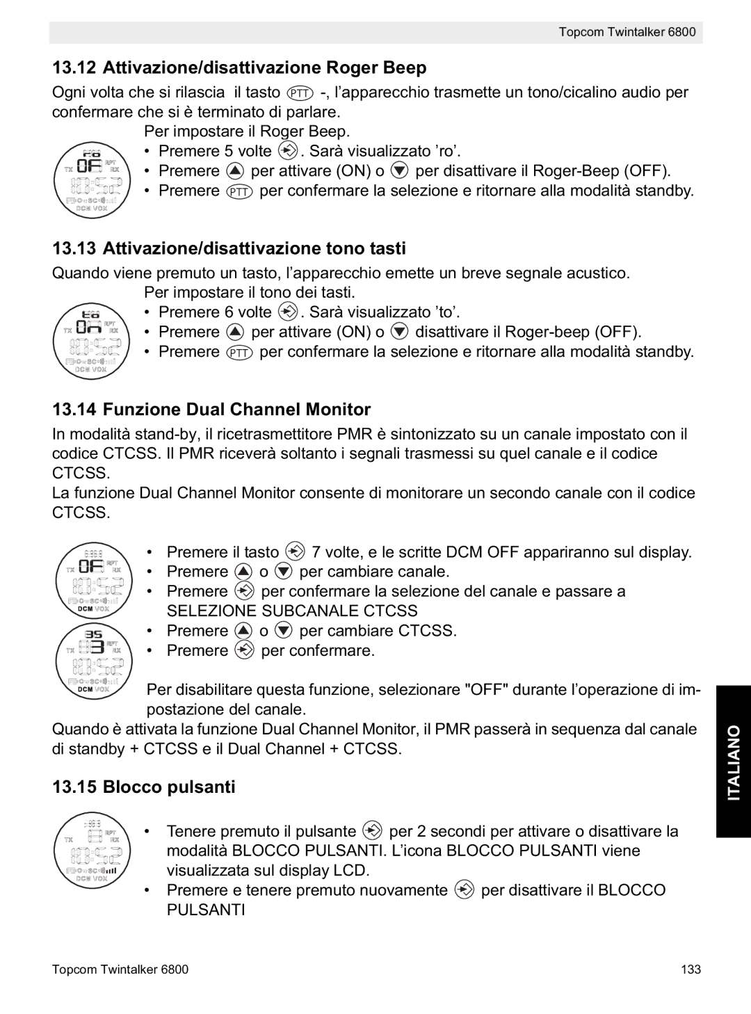 Topcom 6800 Attivazione/disattivazione Roger Beep, Attivazione/disattivazione tono tasti, Funzione Dual Channel Monitor 