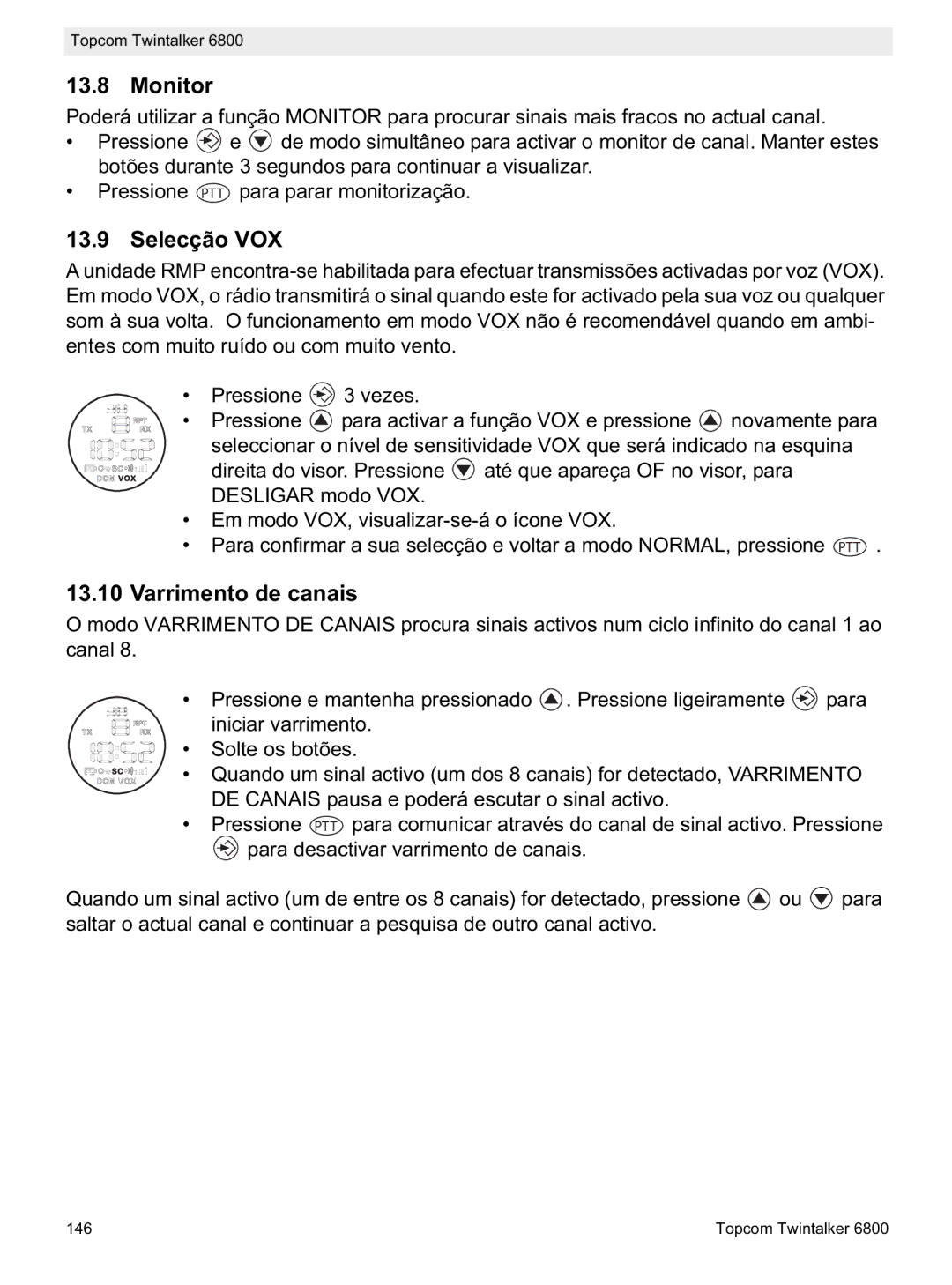 Topcom 6800 manual do utilizador Selecção VOX, Varrimento de canais 