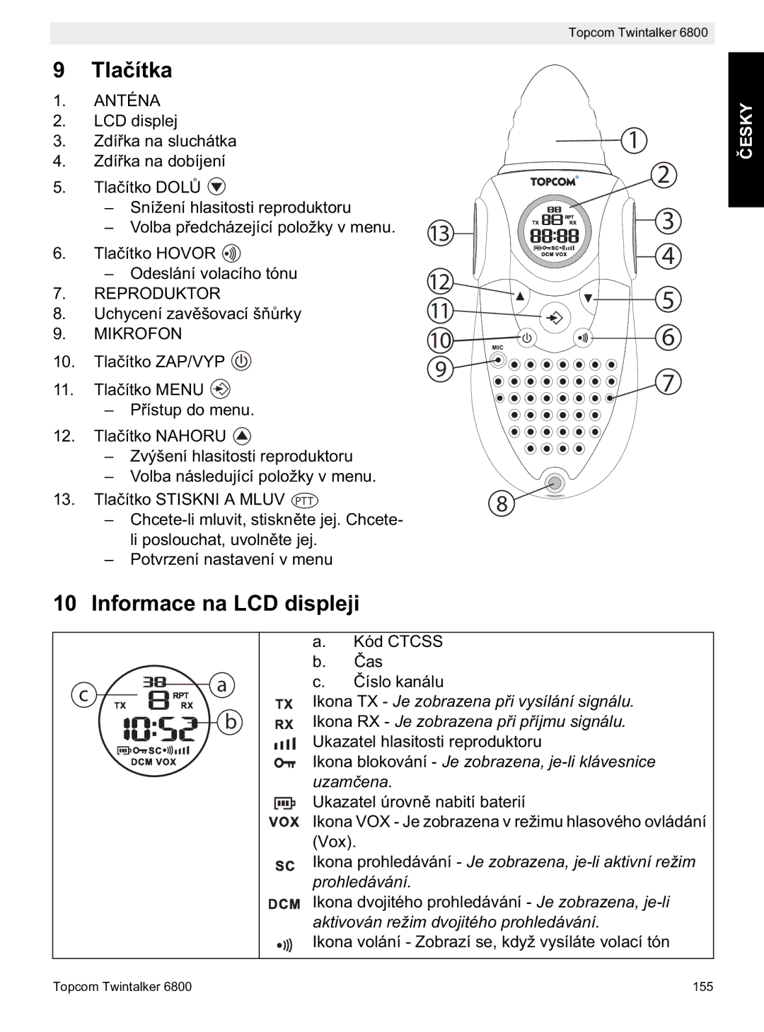 Topcom 6800 manual do utilizador Tla, Informace na LCD displeji, Anténa, Reproduktor 