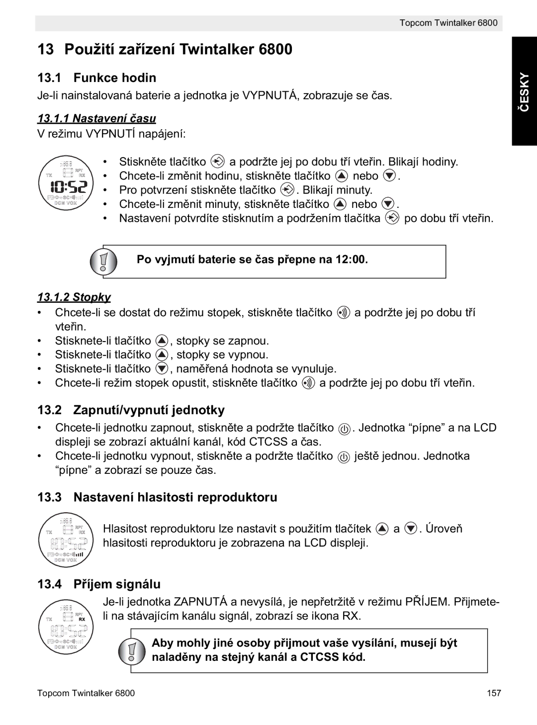 Topcom 6800 13 Použití zawintalker, Funkce hodin, Zapnutí/vypnutí jednotky, Nastavení hlasitosti reproduktoru, 13.4 