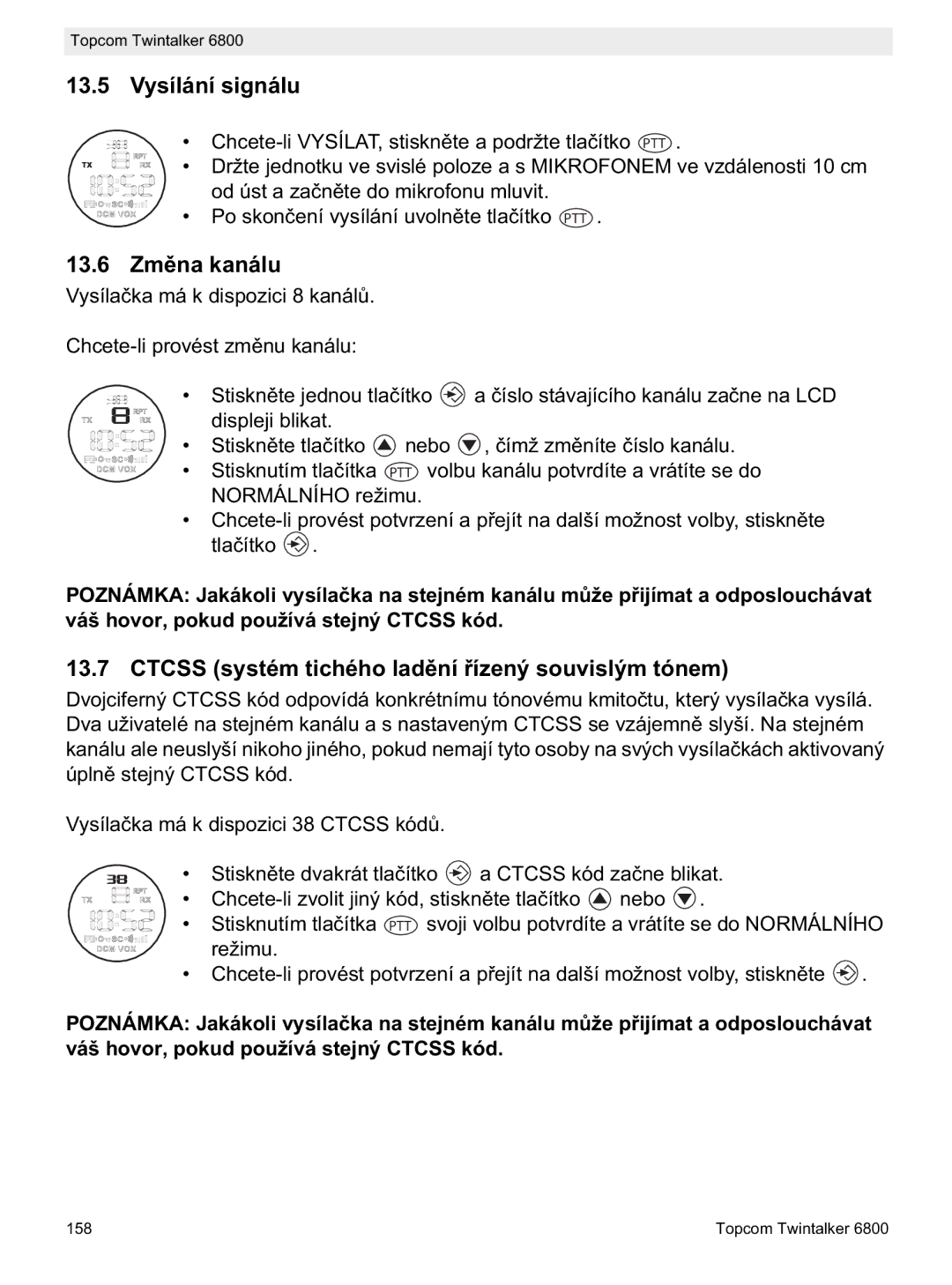 Topcom 6800 manual do utilizador 13.5 Vysílání signálu, 13.6 Zm, Ctcss systém tichého ladsouv Islým tónem 