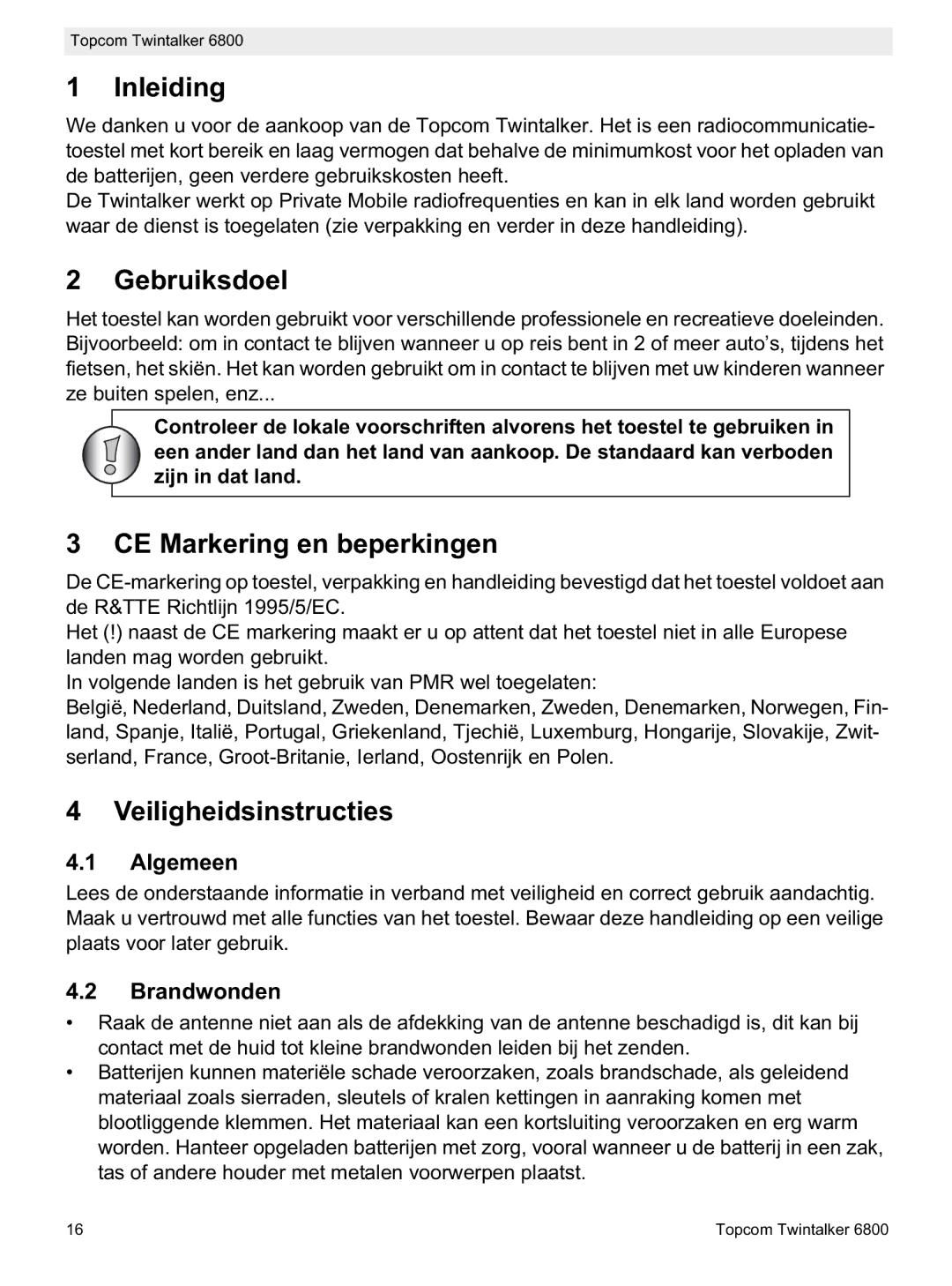 Topcom 6800 manual do utilizador Inleiding, Gebruiksdoel, CE Markering en beperkingen, Veiligheidsinstructies 