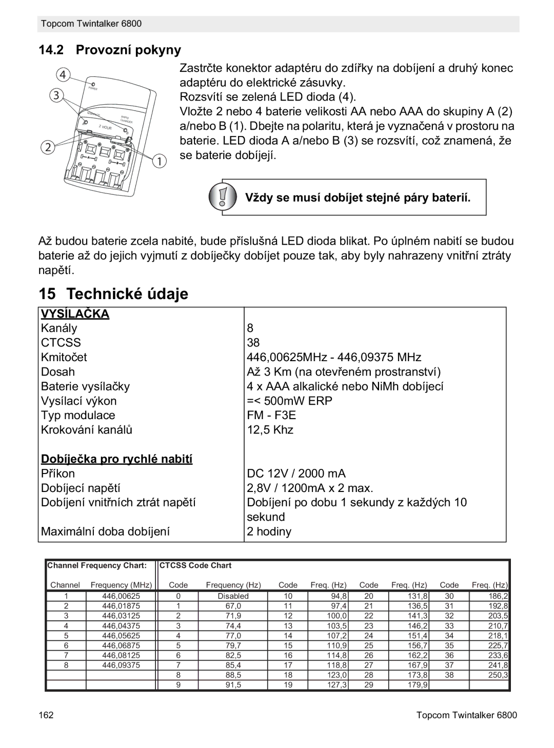 Topcom 6800 manual do utilizador Technické údaje, Provozní pokyny, Vždy se musí dobíjet stejné páry baterií 