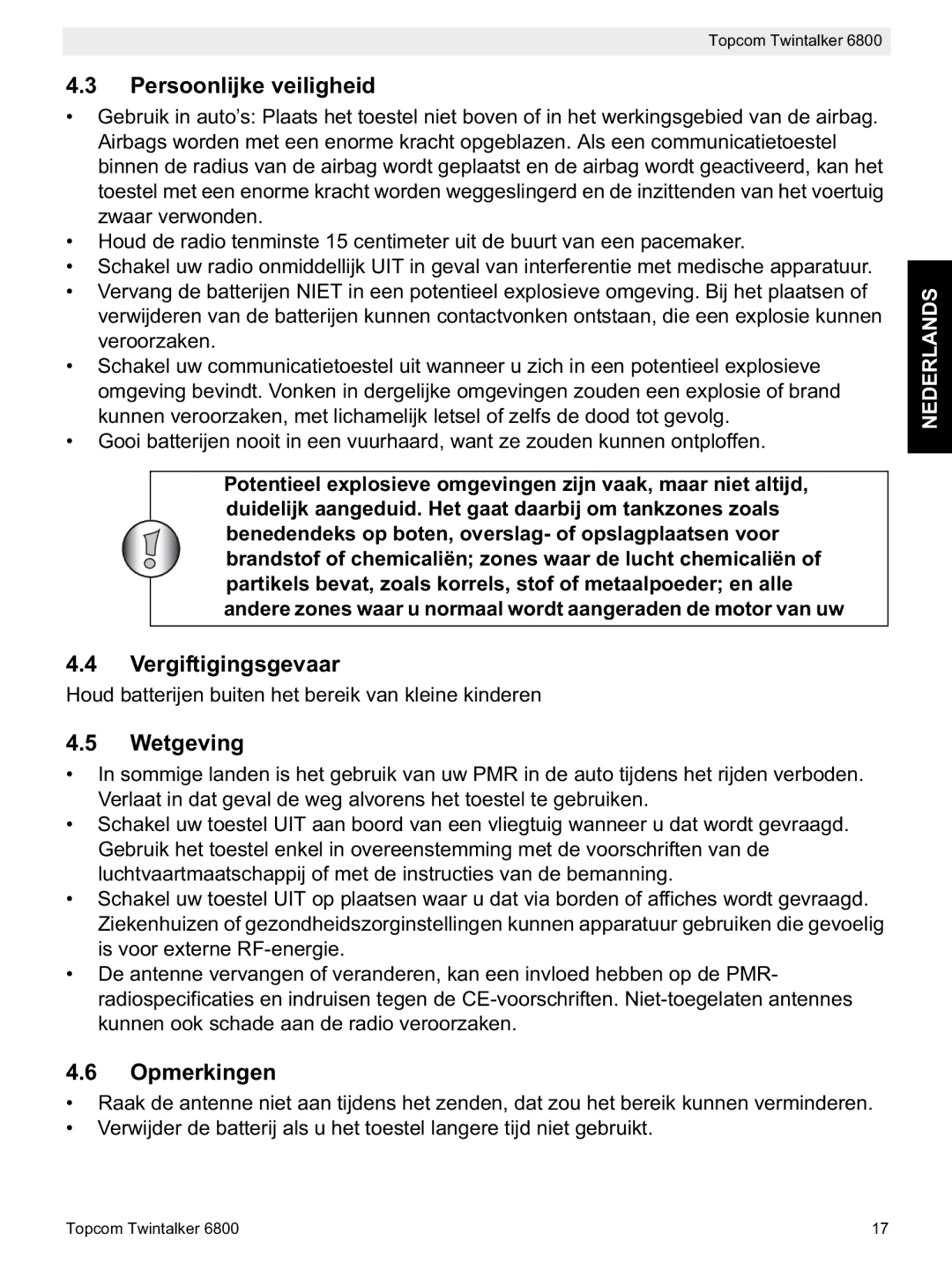 Topcom 6800 manual do utilizador Persoonlijke veiligheid, Vergiftigingsgevaar, Wetgeving, Opmerkingen 