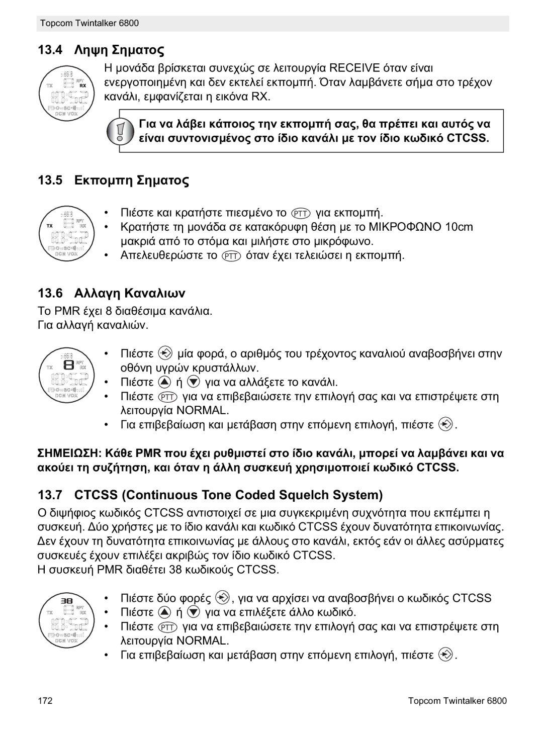 Topcom 6800 manual do utilizador 13.5, 13.6, Receive, Mal, Ctcss PMR 