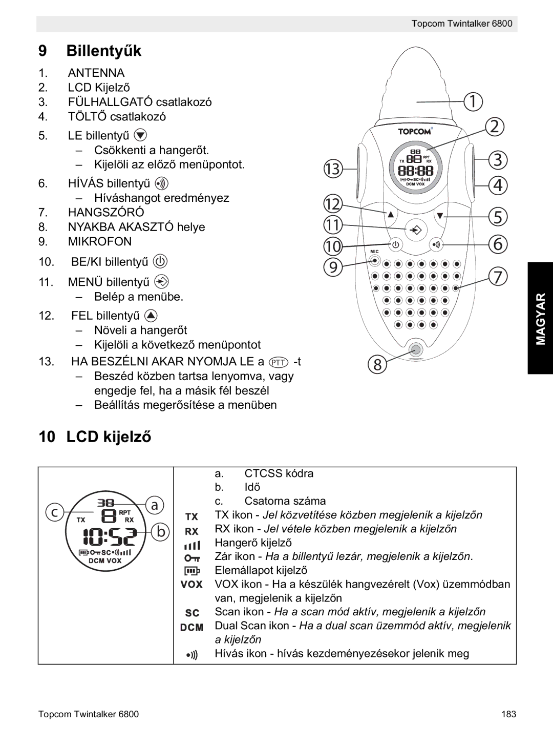 Topcom 6800 manual do utilizador Billenty, LCD kijelz, Tölt, Hangszóró 