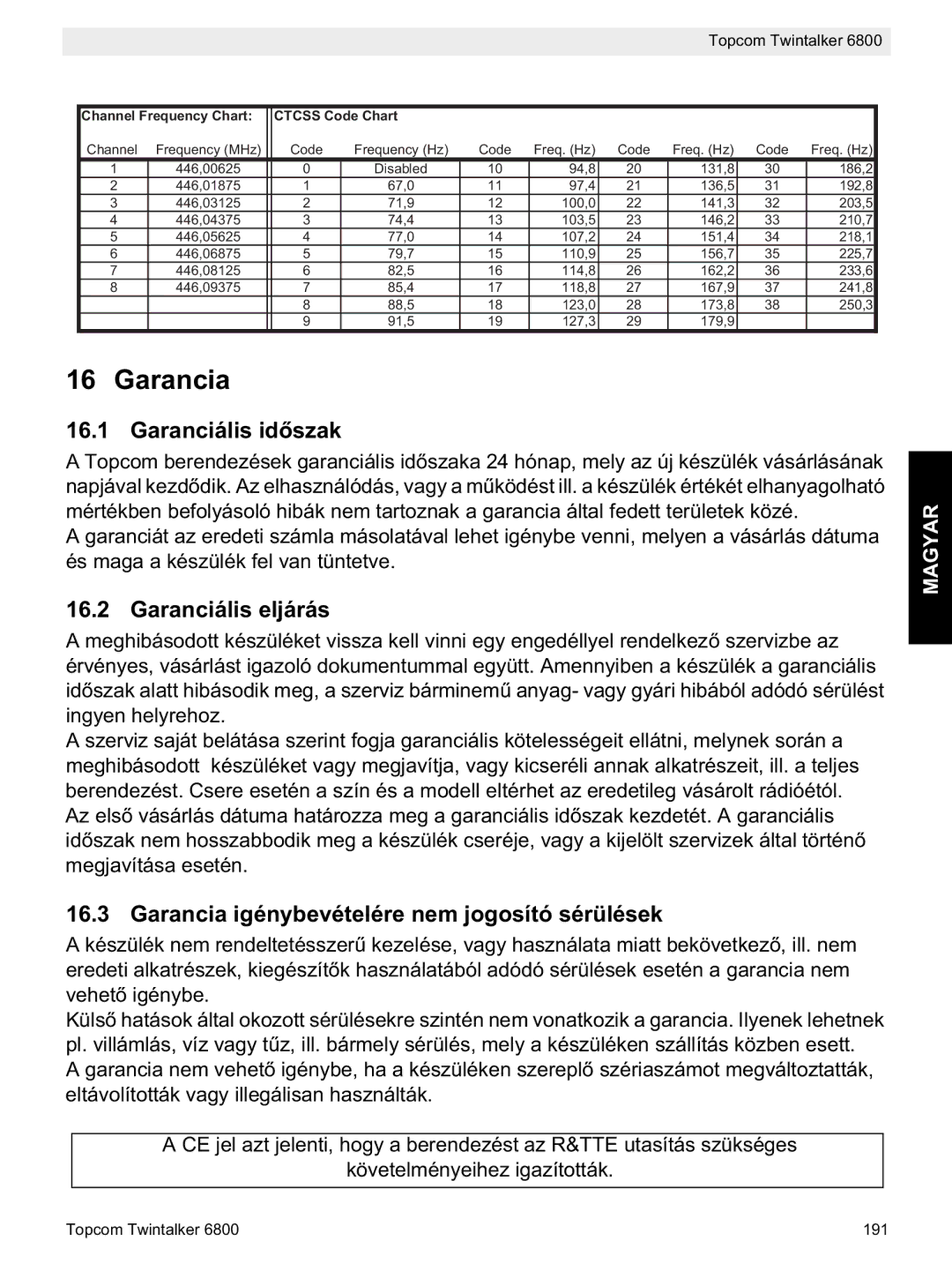 Topcom 6800 manual do utilizador Garanciális id, Garanciális eljárás, Garancia igénybevételére nem jogosító sérülések 