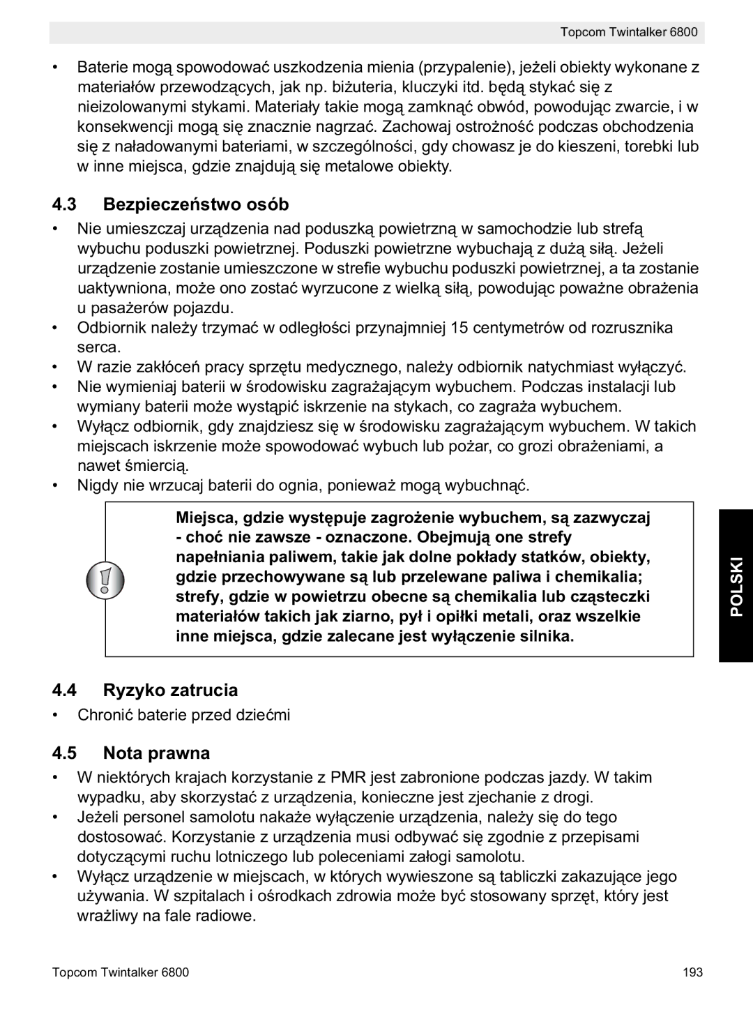 Topcom 6800 manual do utilizador Bezpiecze, Ryzyko zatrucia, Nota prawna 