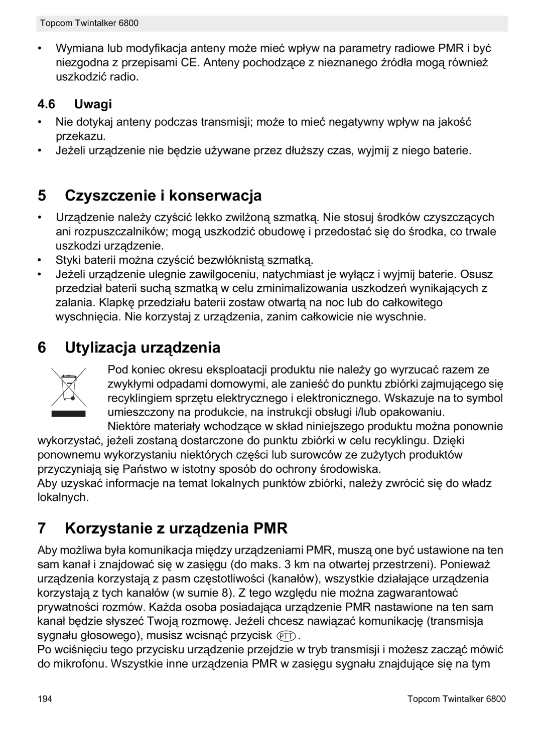 Topcom 6800 manual do utilizador Czyszczenie i konserwacja, Utylizacja urz, Korzystanie z urz, Uwagi 