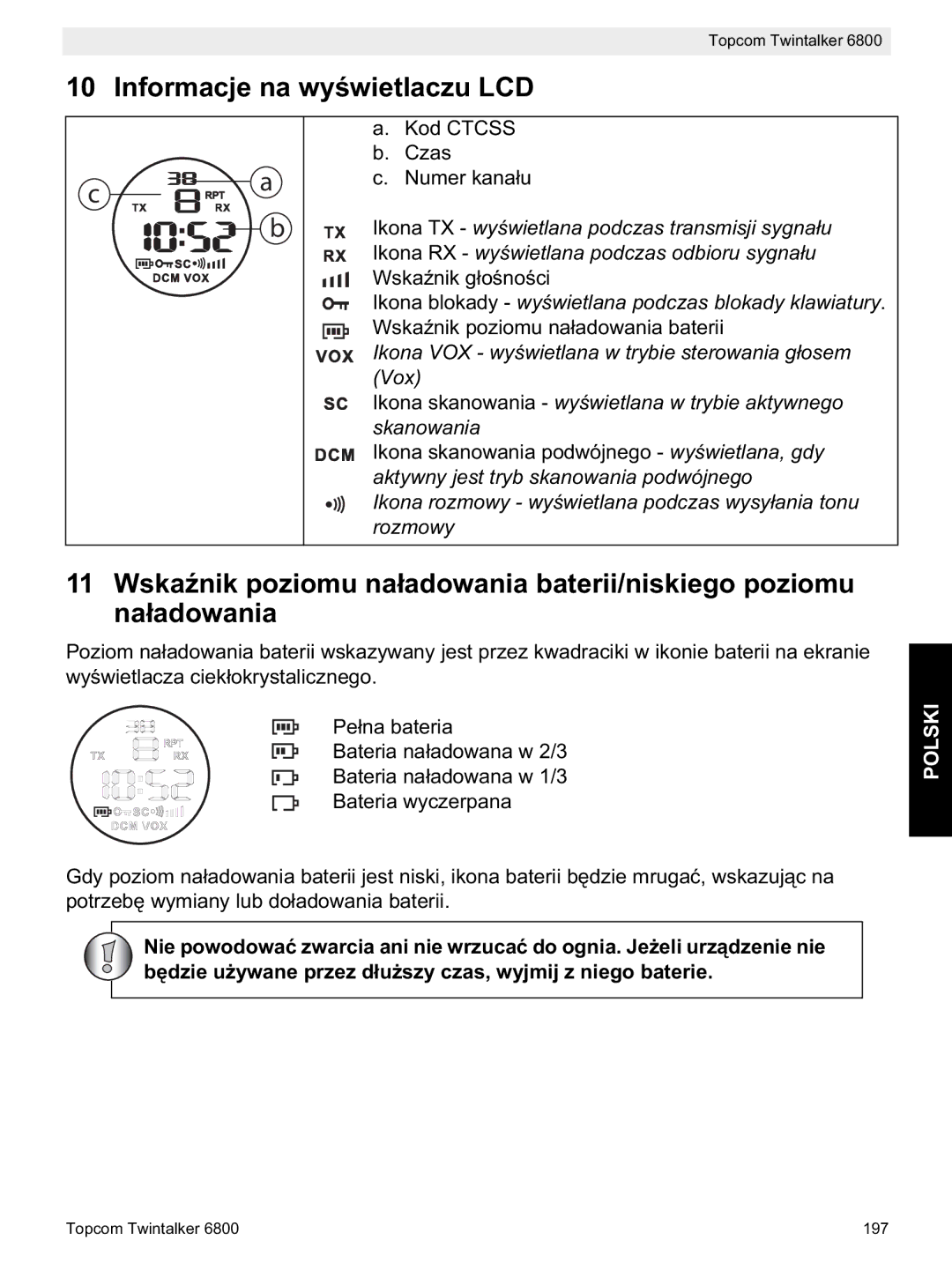 Topcom 6800 manual do utilizador Informacje na wy, Wska na, Nie powodowa Nie wrzuca Bywane przez dniego baterie 