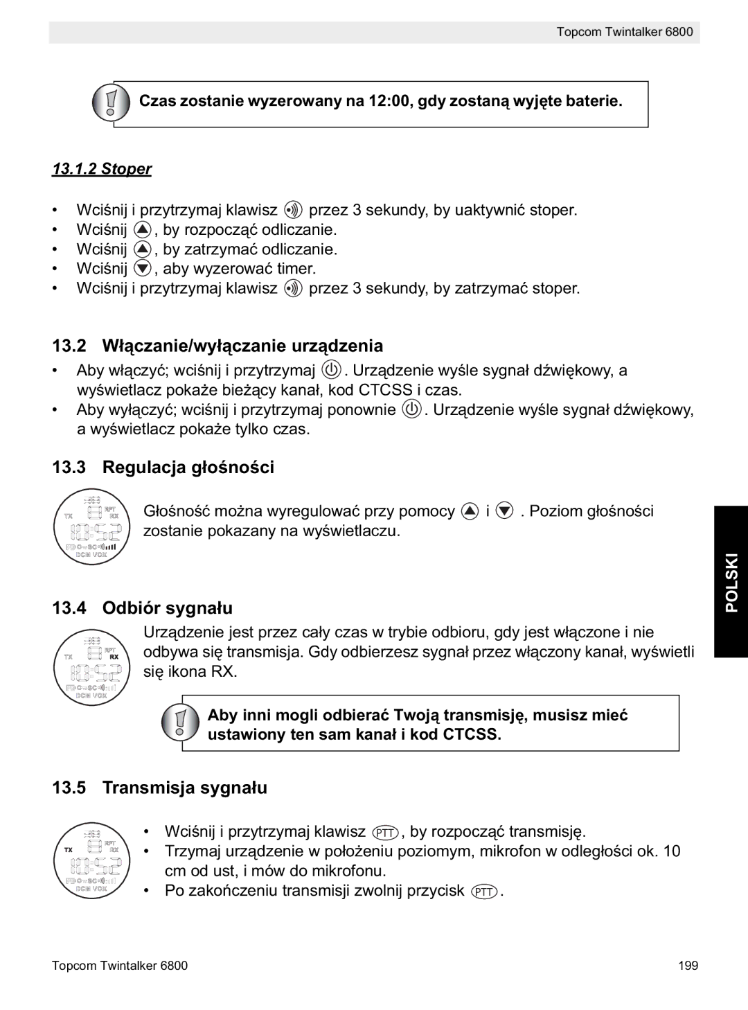 Topcom 6800 manual do utilizador 13.2 Nie/wy, Regulacja gi, Odbiór sygna, Transmisja sygna, Stoper 