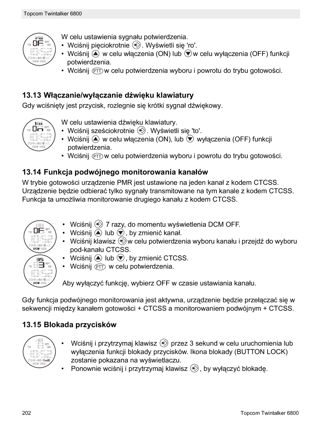 Topcom 6800 manual do utilizador 13.13 W, Funkcja podwójnego monitorowania kana, Blokada przycisków 