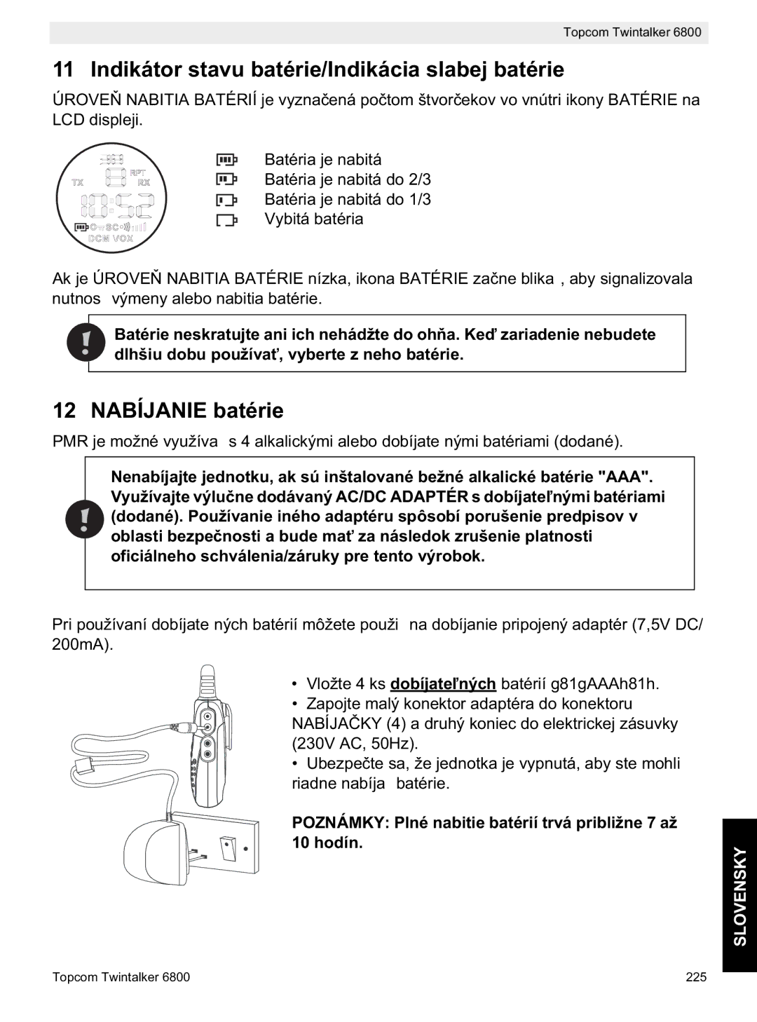 Topcom 6800 manual do utilizador Indikátor stavu batérie/Indikácia slabej batérie, 12 Nabíjanie batérie 