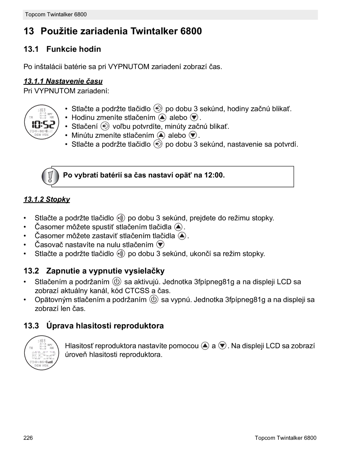 Topcom 6800 13 Použitie zariadenia Twintalker, Funkcie hodín, Zapnutie a vypnutie vysielay, Nastavenie u 