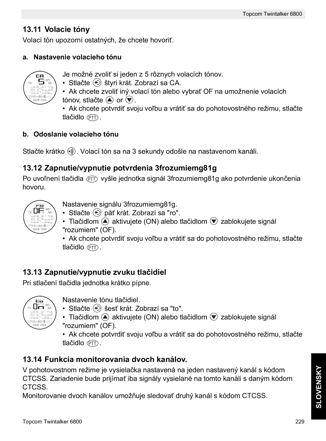 Topcom 6800 Volacie tóny, Zapnutie/vypnutie potvrdenia 3frozumiemg81g, Zapnutie/vypnutie zvuku tlaidiel 