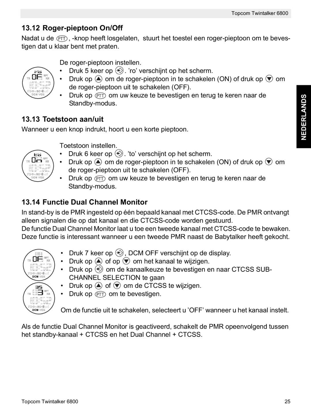 Topcom 6800 manual do utilizador Roger-pieptoon On/Off, Toetstoon aan/uit, Functie Dual Channel Monitor 