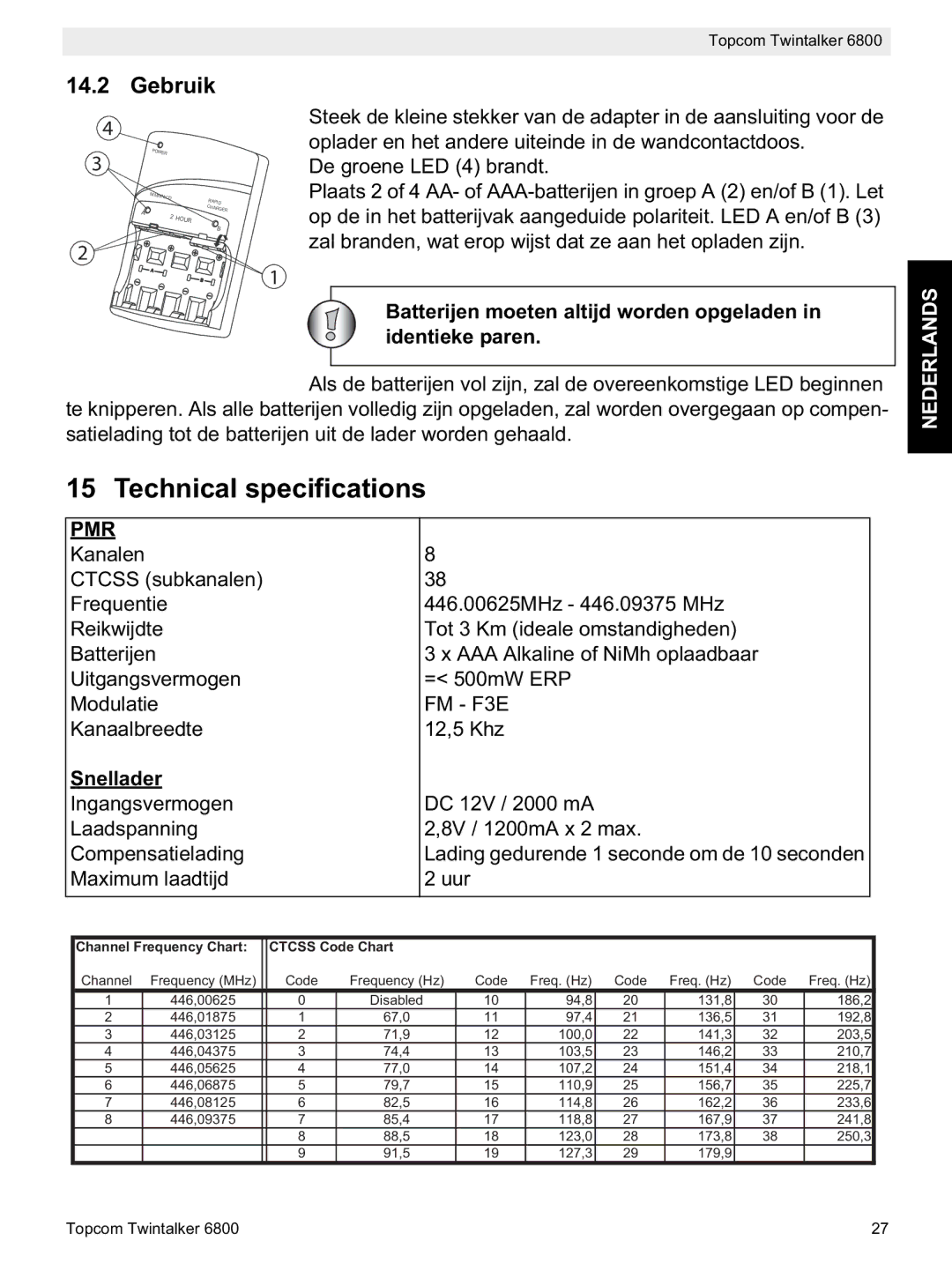 Topcom 6800 manual do utilizador Gebruik, Batterijen moeten altijd worden opgeladen in identieke paren 