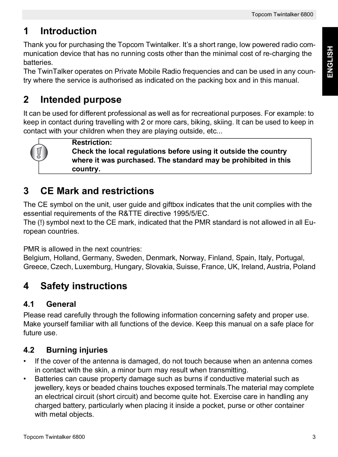 Topcom 6800 manual do utilizador Introduction, Intended purpose, CE Mark and restrictions, Safety instructions 