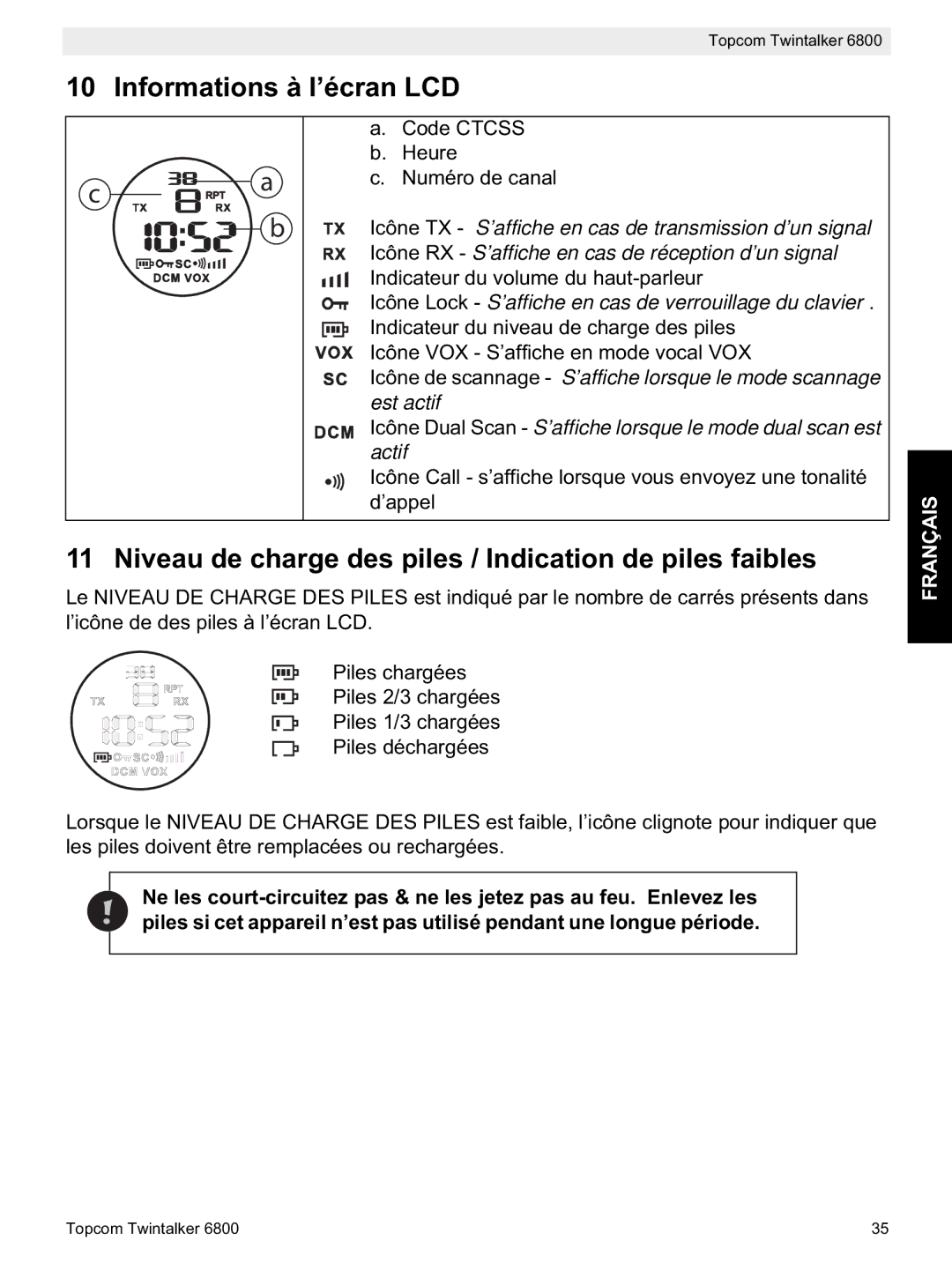 Topcom 6800 manual do utilizador Informations à l’écran LCD, Niveau de charge des piles / Indication de piles faibles 