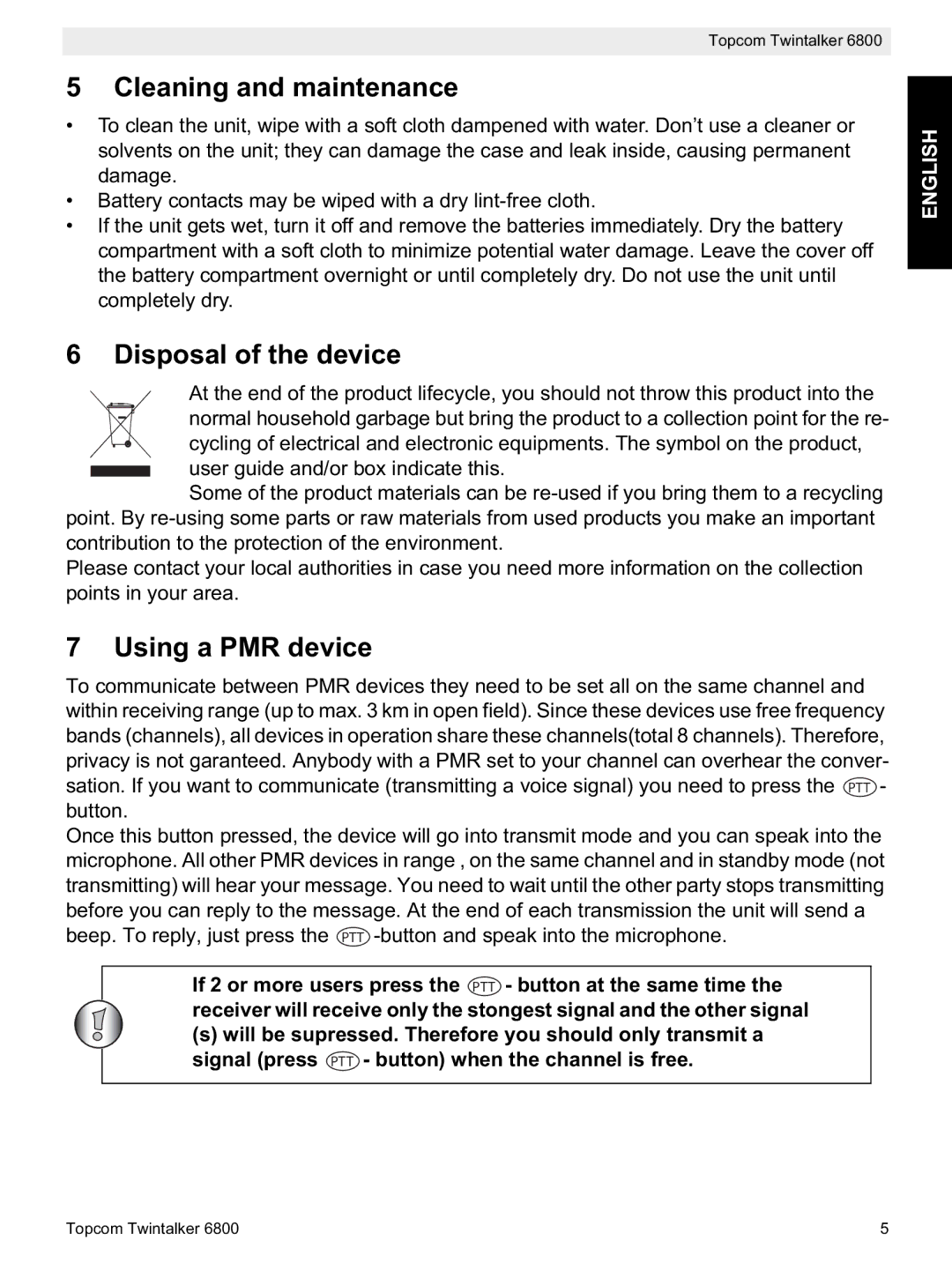 Topcom 6800 manual do utilizador Cleaning and maintenance, Disposal of the device, Using a PMR device 