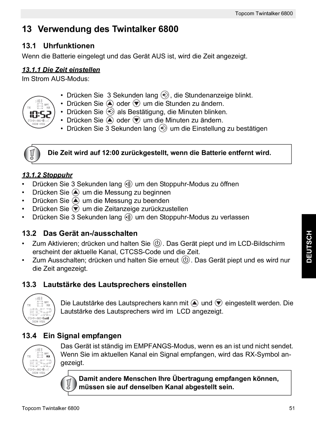 Topcom 6800 Verwendung des Twintalker, Uhrfunktionen, Das Gerät an-/ausschalten, Lautstärke des Lautsprechers einstellen 