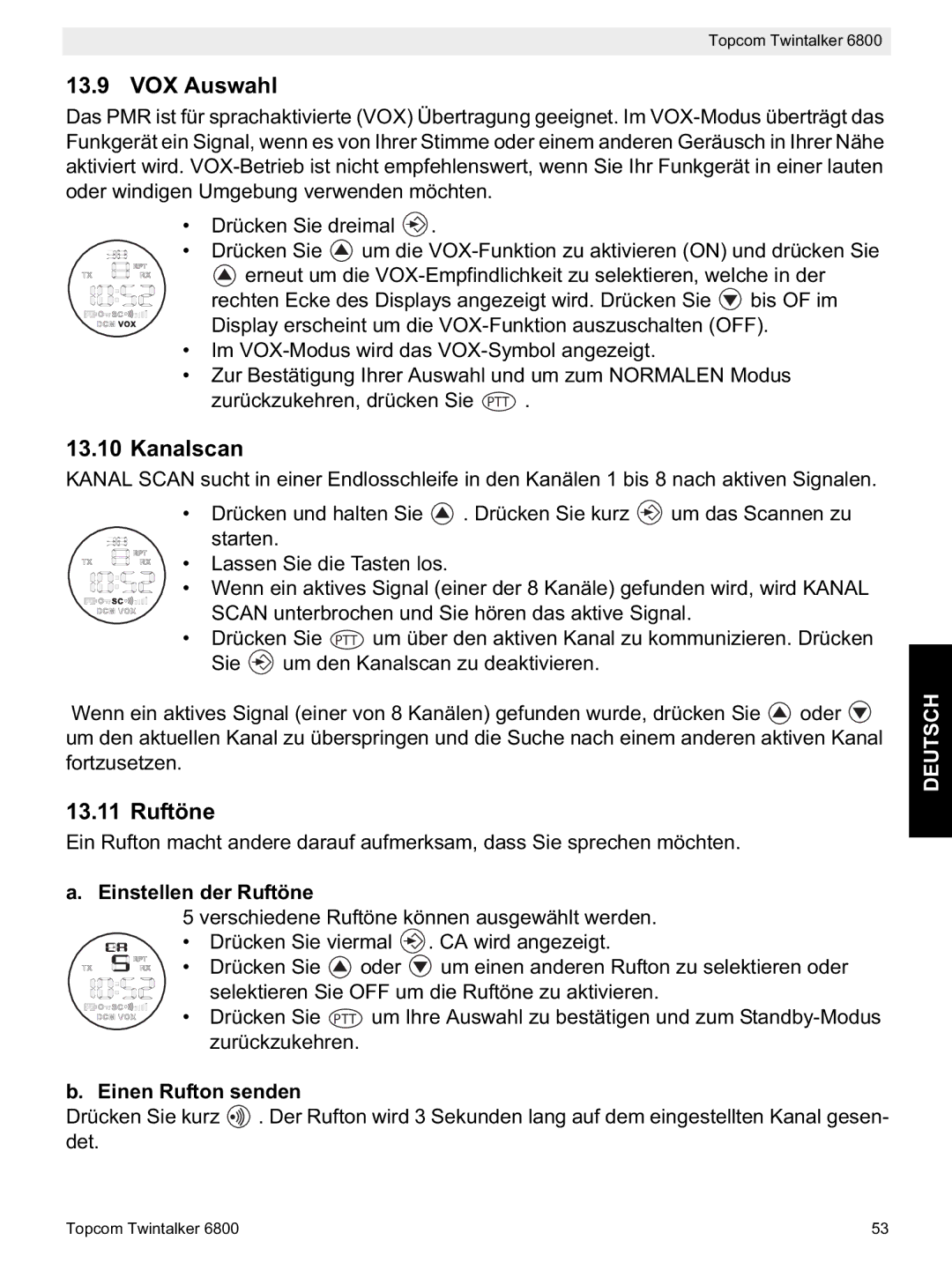 Topcom 6800 manual do utilizador VOX Auswahl, Kanalscan, Einstellen der Ruftöne, Einen Rufton senden 