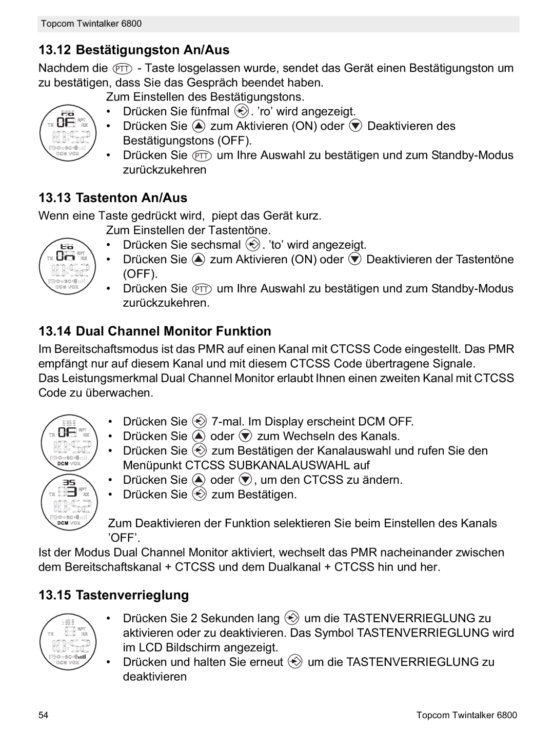 Topcom 6800 manual do utilizador Bestätigungston An/Aus, Tastenton An/Aus, Dual Channel Monitor Funktion, Tastenverrieglung 