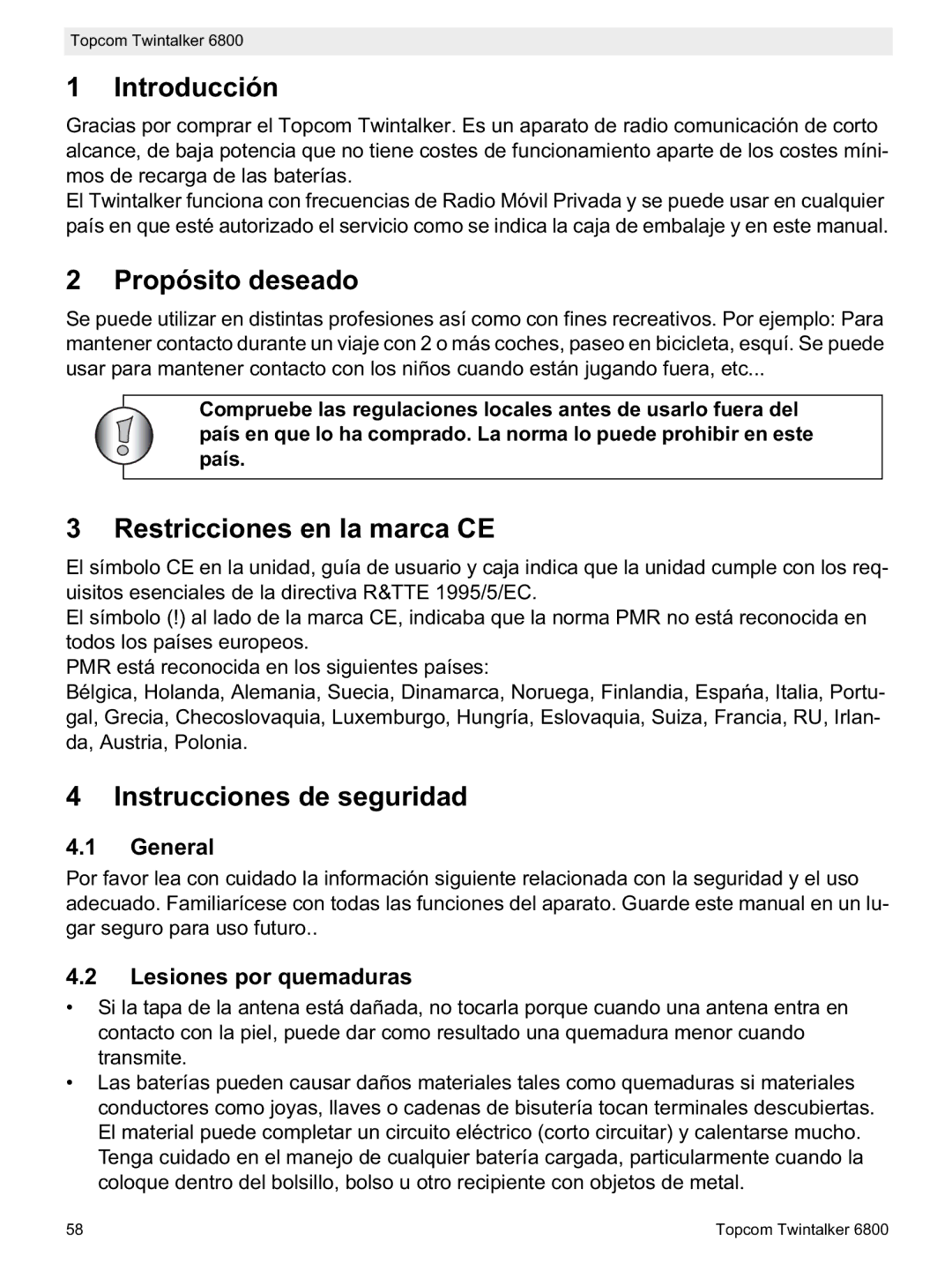 Topcom 6800 manual do utilizador Introducción, Propósito deseado, Restricciones en la marca CE, Instrucciones de seguridad 