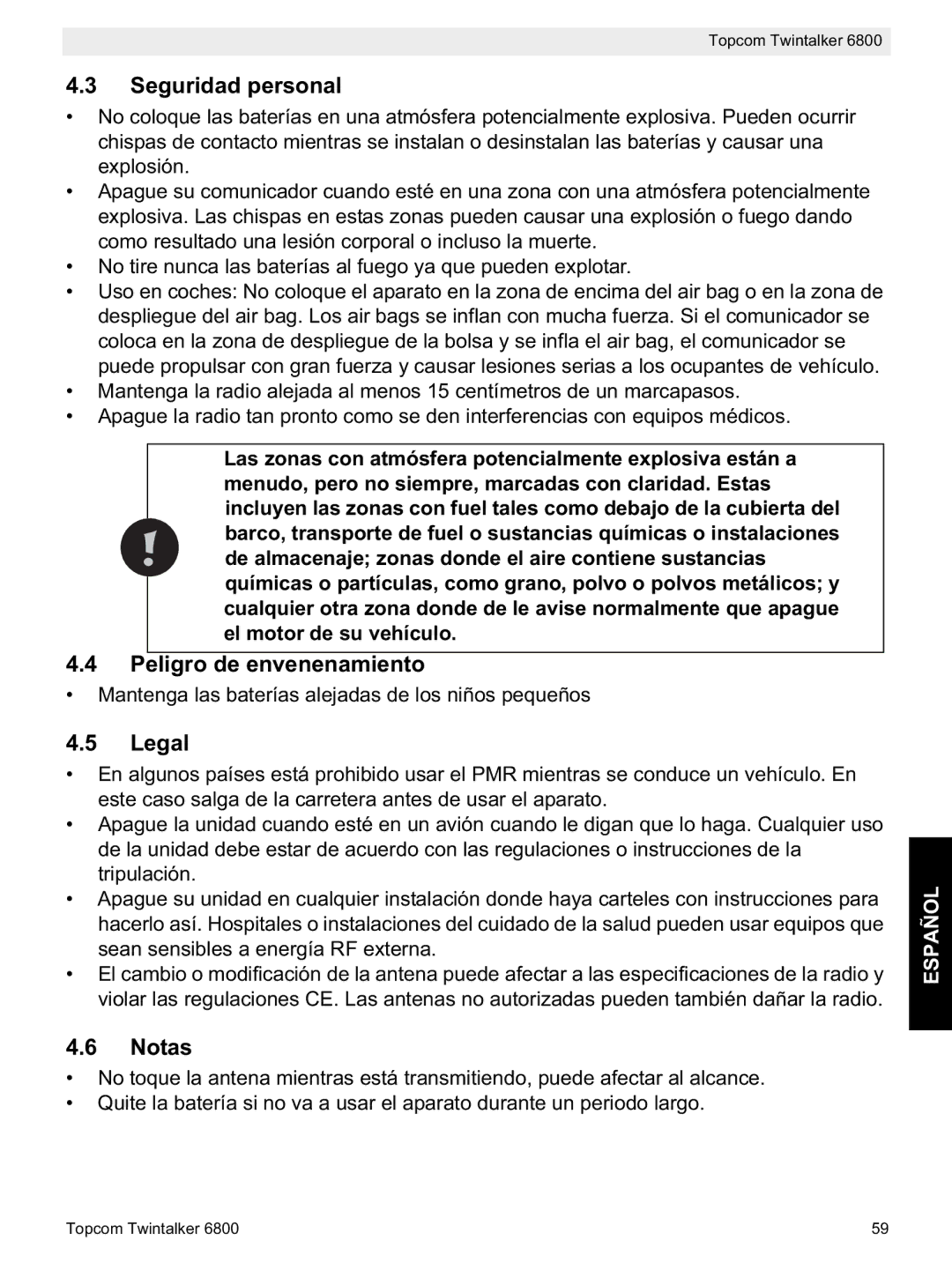 Topcom 6800 manual do utilizador Seguridad personal, Peligro de envenenamiento, Notas 