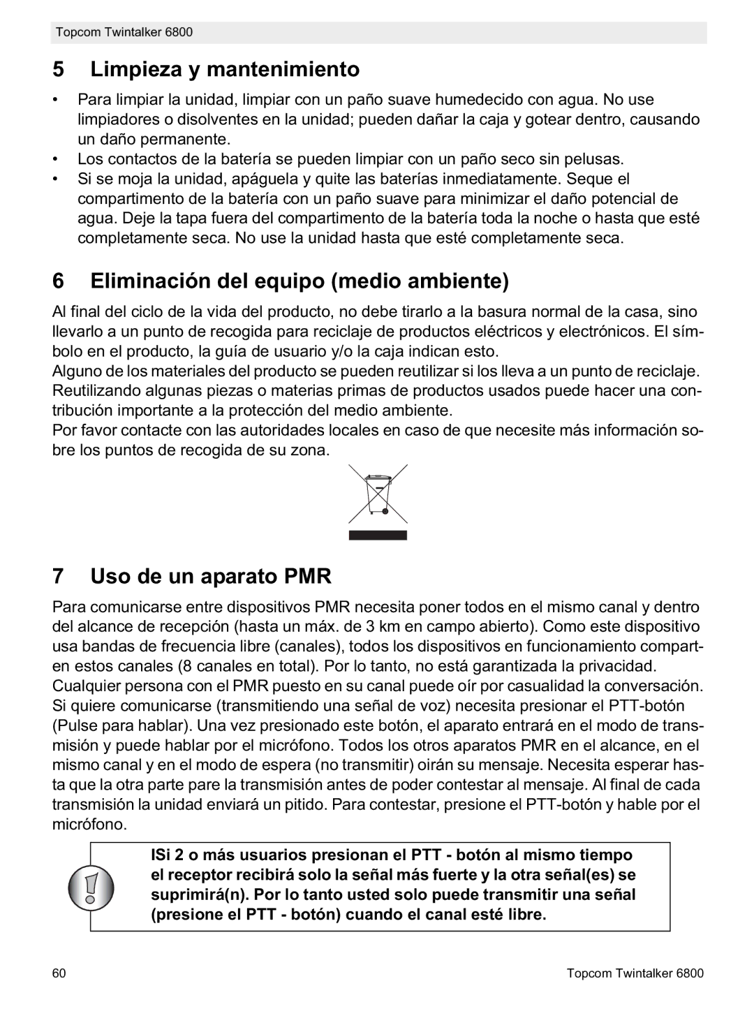 Topcom 6800 manual do utilizador Limpieza y mantenimiento, Eliminación del equipo medio ambiente, Uso de un aparato PMR 