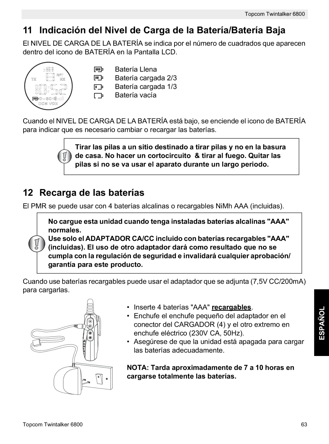 Topcom 6800 manual do utilizador Indicación del Nivel de Carga de la Batería/Batería Baja, Recarga de las baterías 