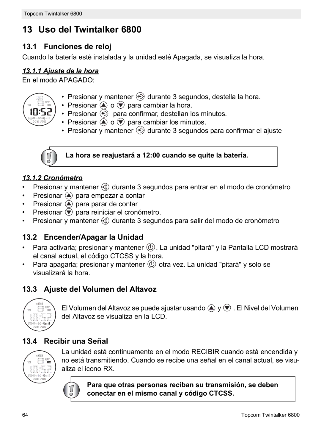 Topcom 6800 Uso del Twintalker, Funciones de reloj, Encender/Apagar la Unidad, Ajuste del Volumen del Altavoz 