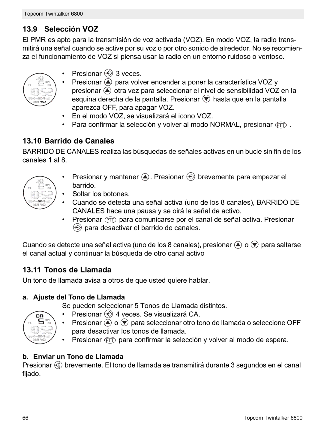 Topcom 6800 Selección VOZ, Barrido de Canales, Tonos de Llamada, Ajuste del Tono de Llamada, Enviar un Tono de Llamada 