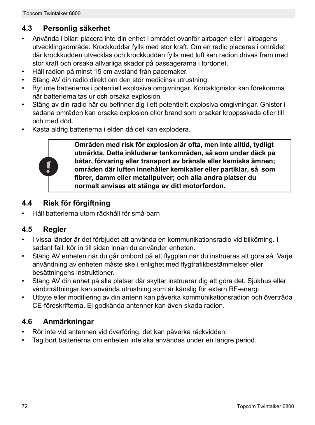 Topcom 6800 manual do utilizador Personlig säkerhet, Risk för förgiftning, Regler, Anmärkningar 