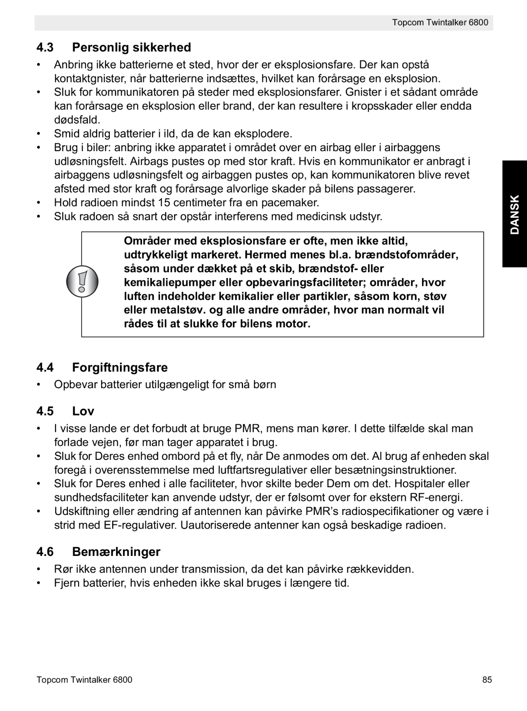 Topcom 6800 manual do utilizador Personlig sikkerhed, Forgiftningsfare, Lov, Bemærkninger 