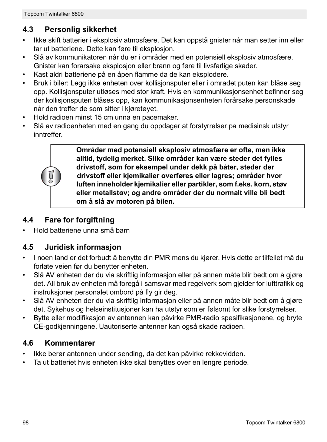 Topcom 6800 manual do utilizador Personlig sikkerhet, Fare for forgiftning, Juridisk informasjon, Kommentarer 